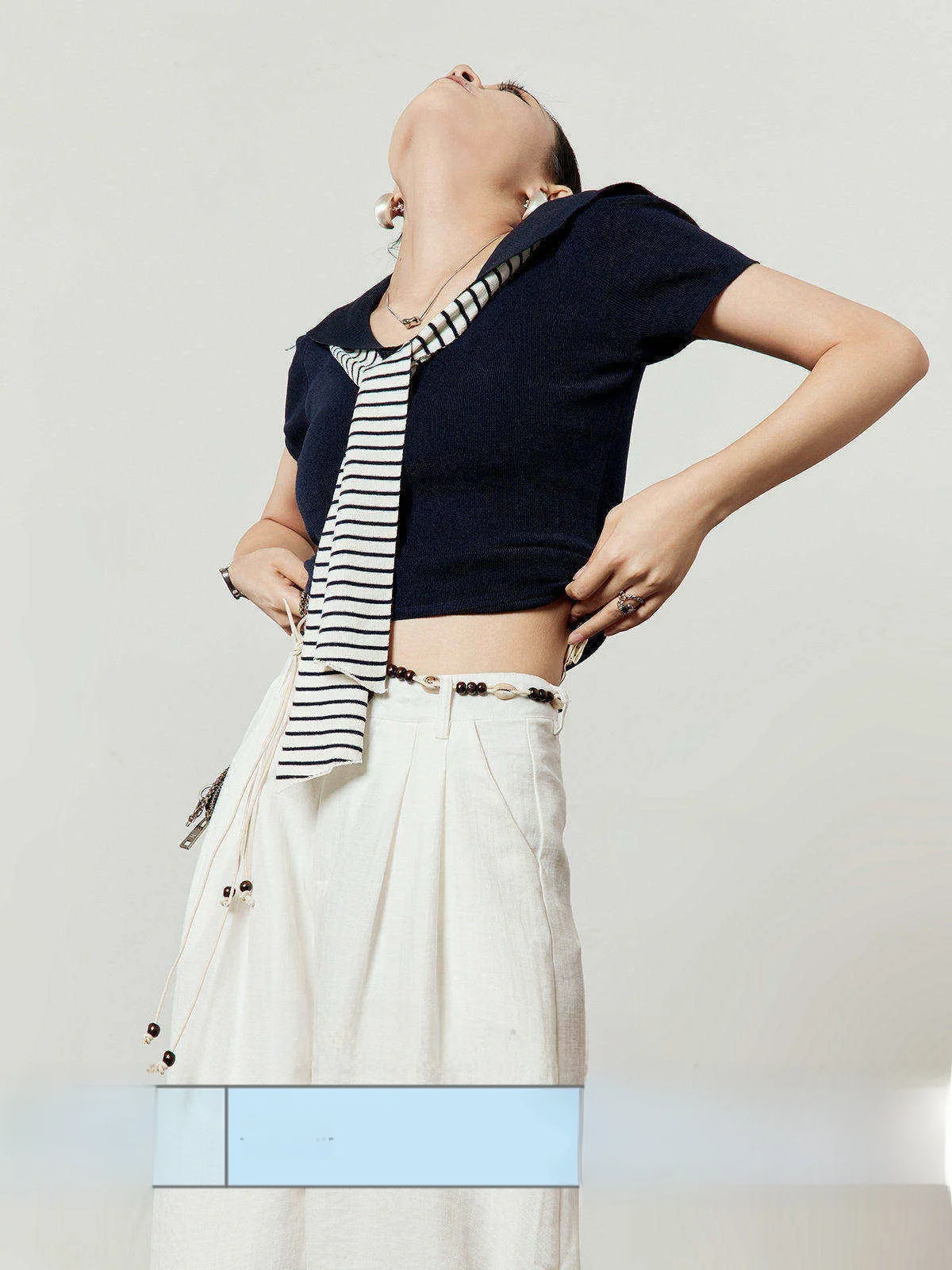 

Blue Knitted Top Women's Summer New Sle Naval Stripe Slim Fit Belted irt Commute Sle Medium Softn ort Sve