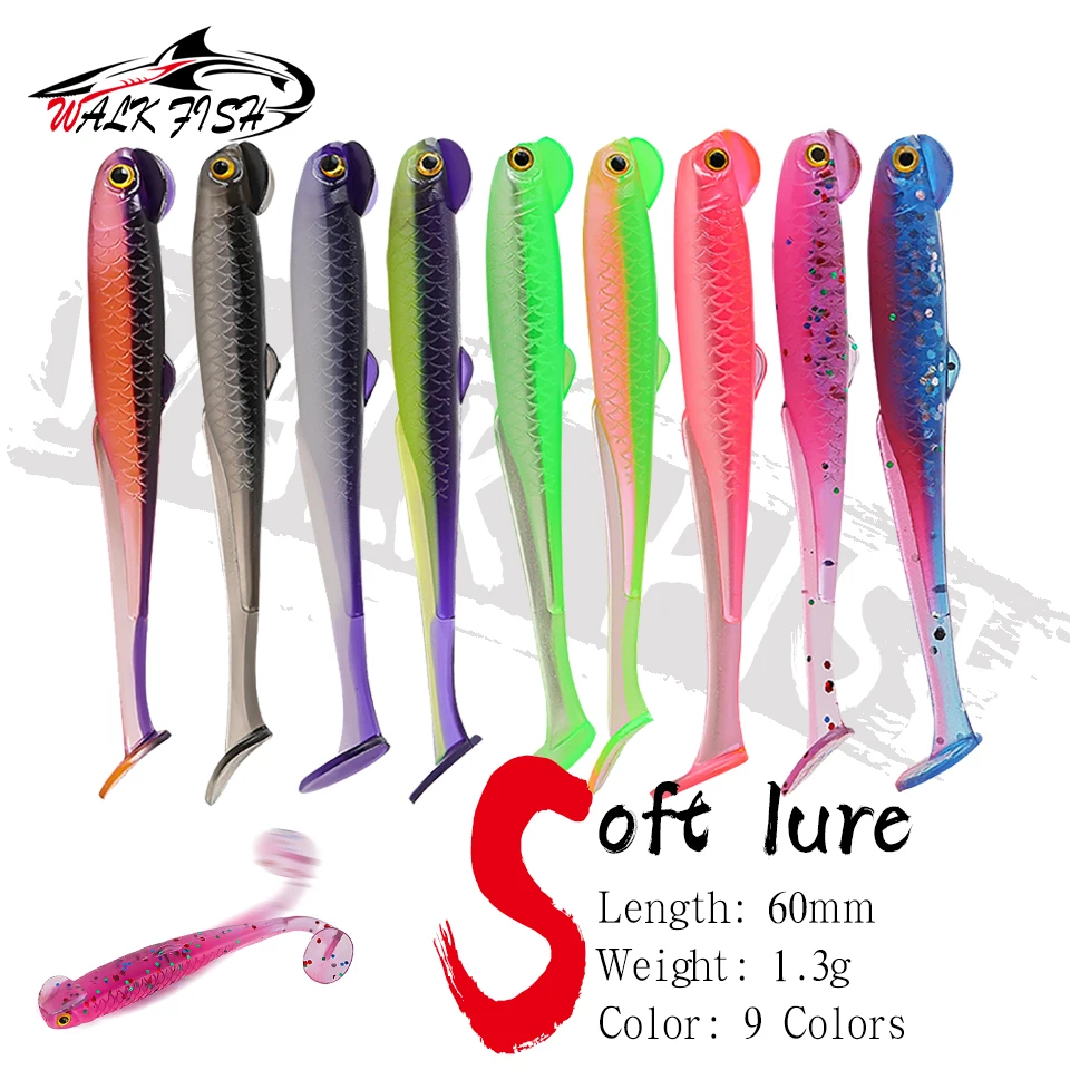 WALK FISH 10PCS PVC Bionic Angeln Köder 6cm/1,3g Hahn Schwanz T-Weicher Köder lebensechte Mit 3D Augen Für Bass Forelle Multi-Rig Action