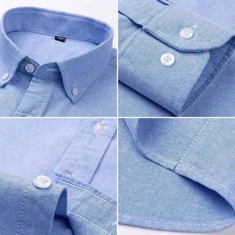 Basic Oxford Dress Shirt For Men Long Sleeve 100% Pure Cotton Solid Casual Plaid Striped Social Business Male Regular-Fit S-6XL