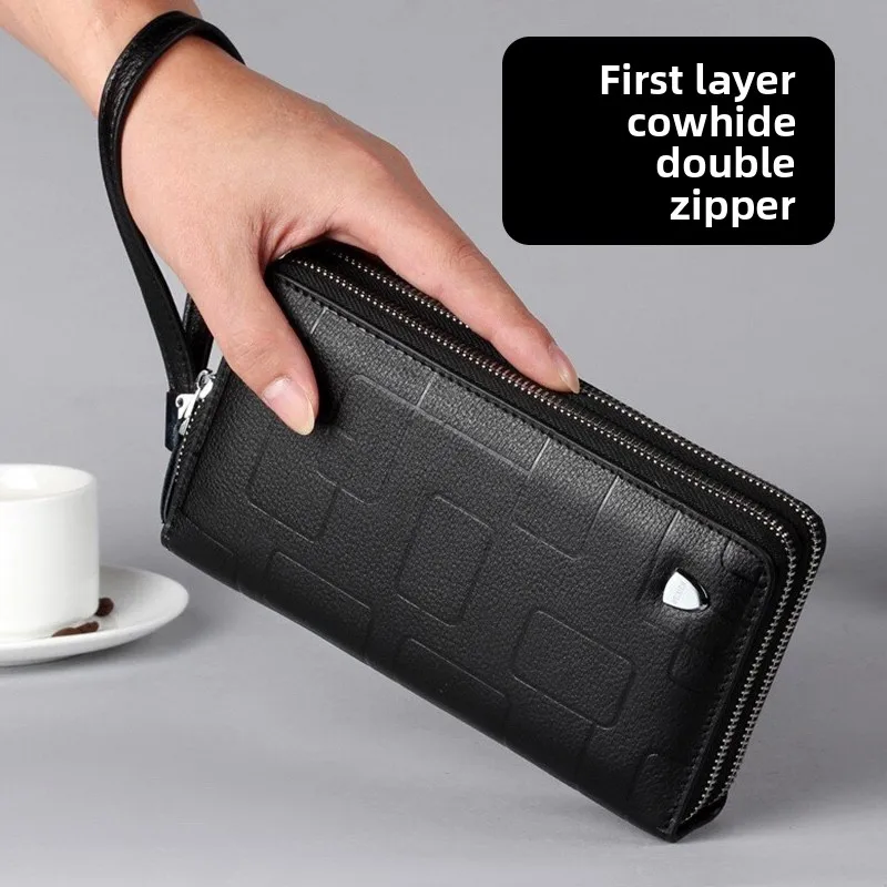 

Мужская сумка из натуральной яловой кожи с двойной молнией, кошелек, держатель для карт для телефона, многофункциональный клатч