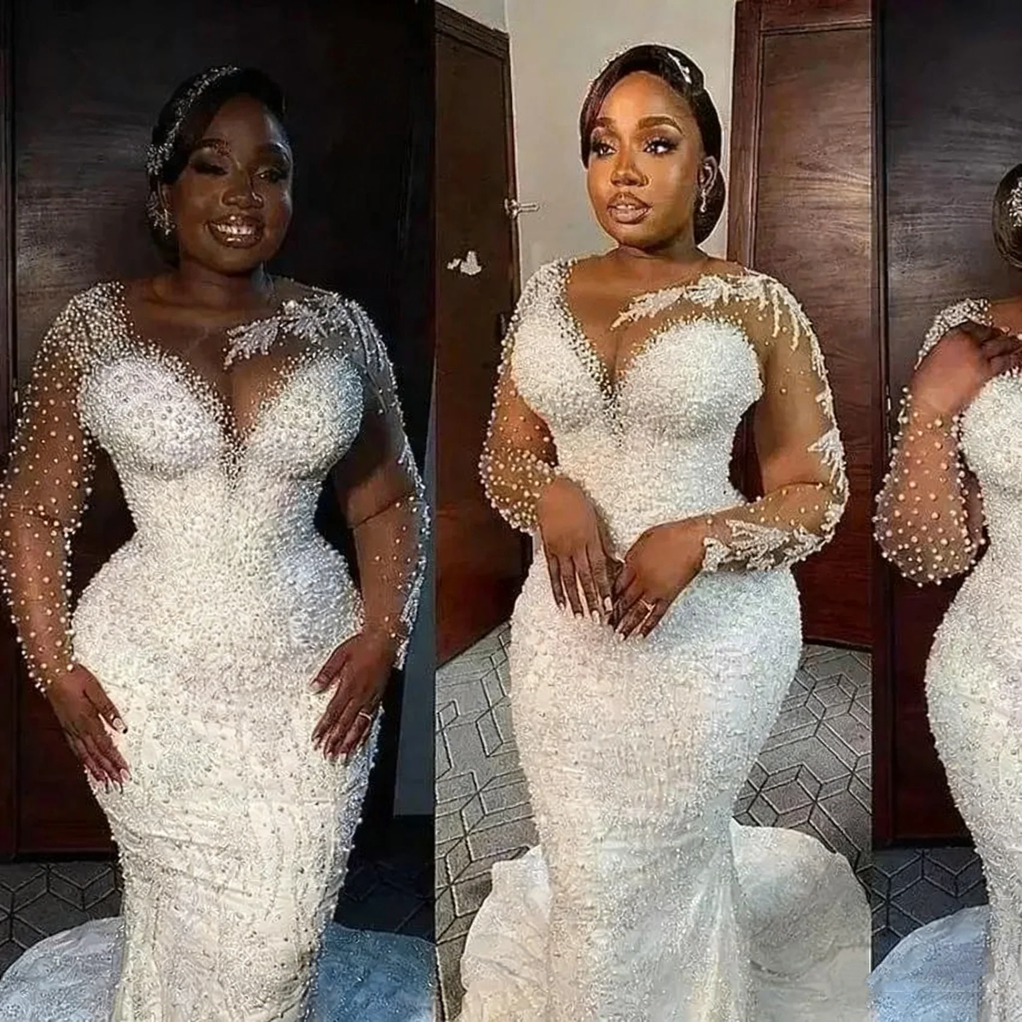 Maßgeschneiderte Luxus-Perlen Sweetheart Brautkleider Meerjungfrau-Stil mit Abnehmbarer Schleppe Brautkleid Übergröße Lange Ärmel Vestido De Noiva – Detail 4