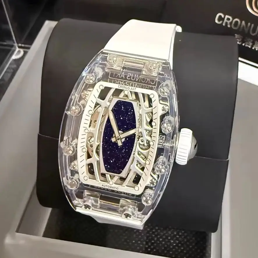 CRONUSART Women Automatic Watch 31.5mm Tonneau Ladies Mechanical Wristwatch K9 Crystal Sapphire Mirror FKM Strap