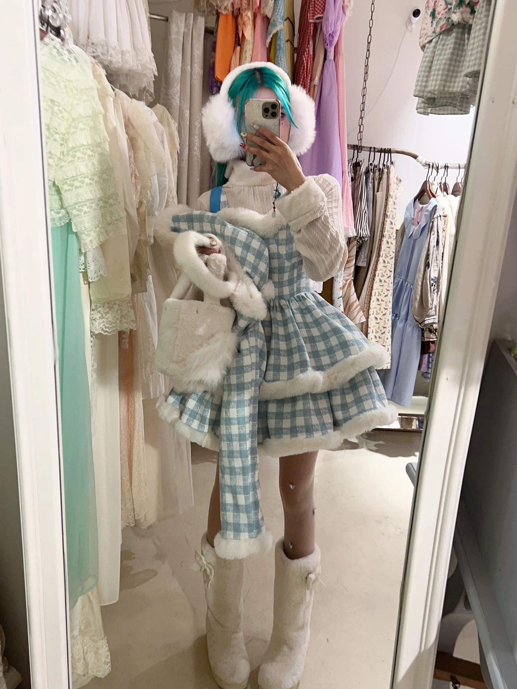 New Winter Sweet Girl\'s Pink Blue Plaid Short Coat  Jacket Lolita Fur Patchwork Princess Suspender Dress Two Piece Dress Set