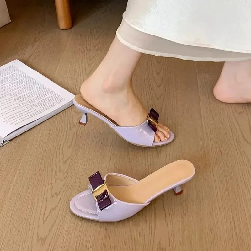 Women Concise Plain Slides with Heels 4/6cm Open Toe Slippers Summer Shoes Shiny Mirror Patent Leather Red White Wdith Fits