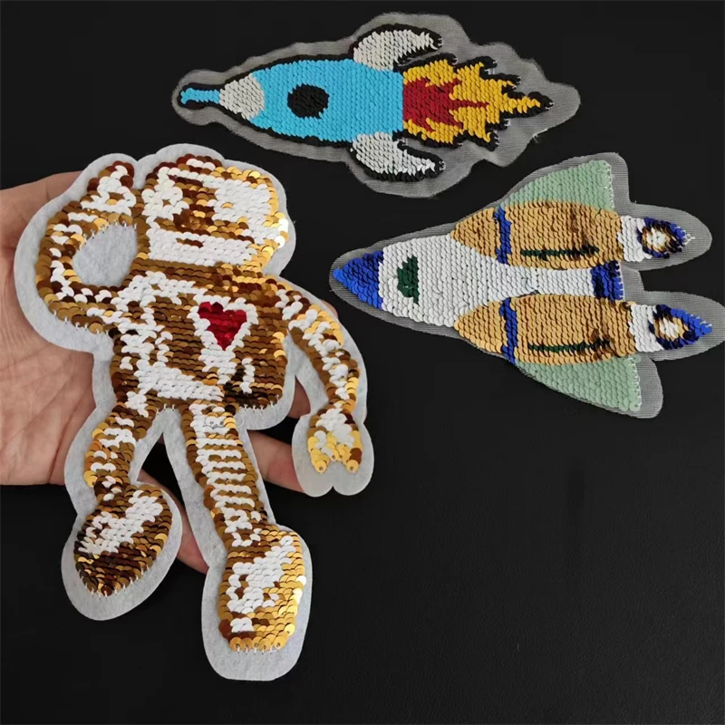 Reversible Sequin Rocket Robot Patch Embroidery Applique Double-Sided Two-Tone Design for DIY Decoration for T-Shirts and Fabric