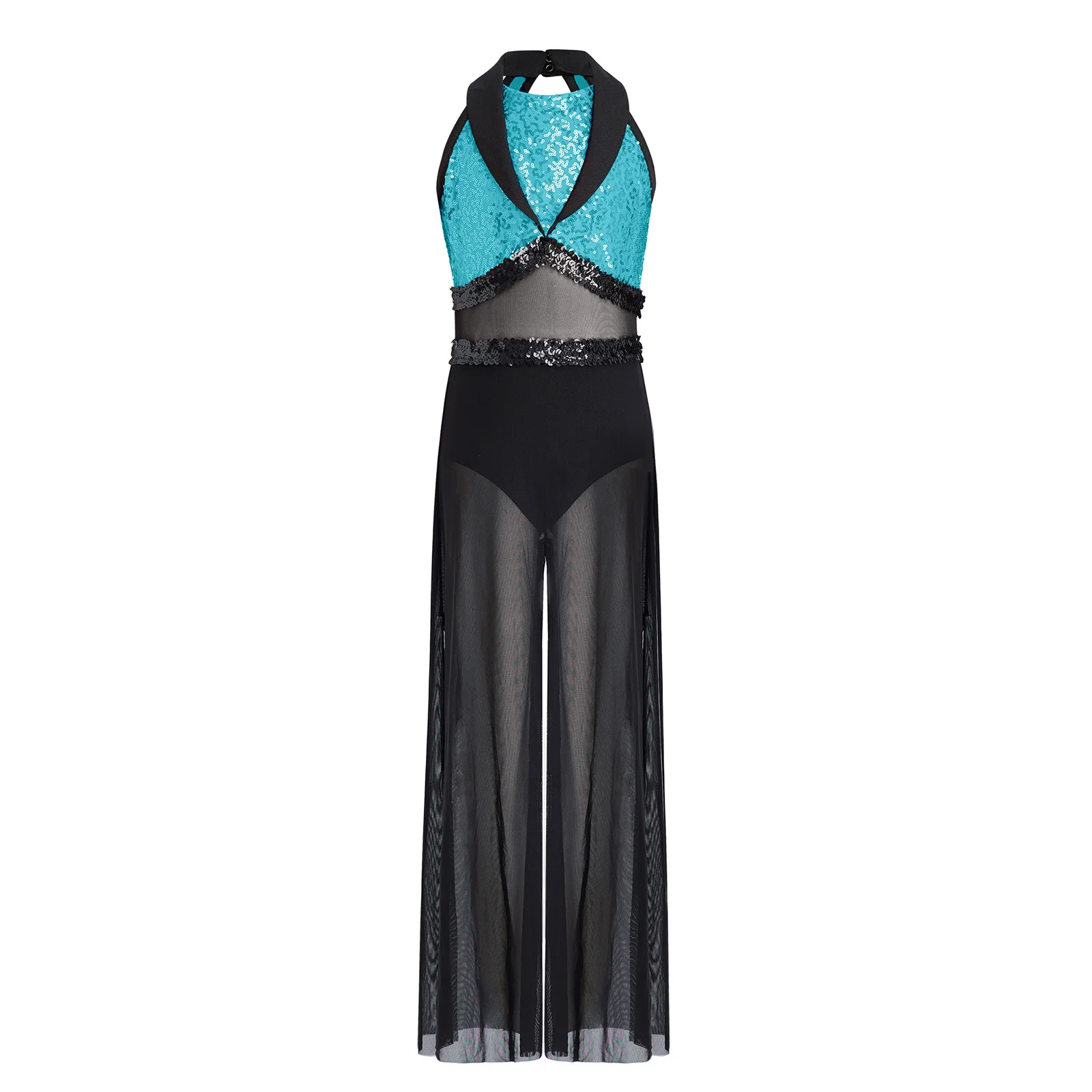 

Kids Girls Jazz Dance Party Jumpsuit Sleeveless Keyhole Shiny Sequin Patchwork Mesh Bodysuit Rompers Gymnastics Dance Costume