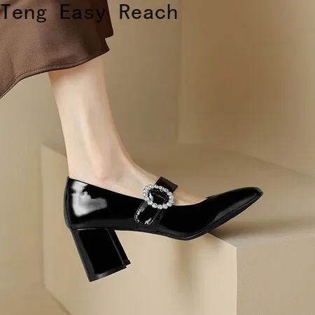 2024 New Women's Pumps Natural Leather Cow Patent Leather Upper Square Toe Mary Jane Shoes Full Leather Shoes