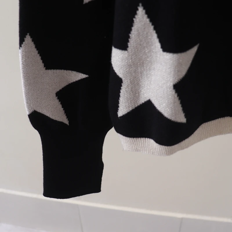 Sparkling Star Jacquard Pullover Knitted Shirt Round Neck Long Sleeve Loose Relaxed Sweater for Women