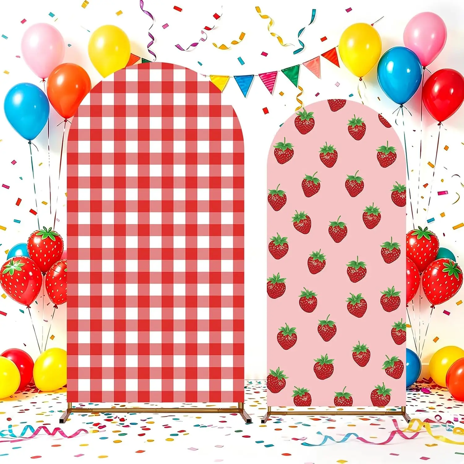 Toile de fond personnalisée à double face, motif arc de fée aux fraises, à carreaux rouges et blancs, décor de fête pour le premier anniversaire, baby shower