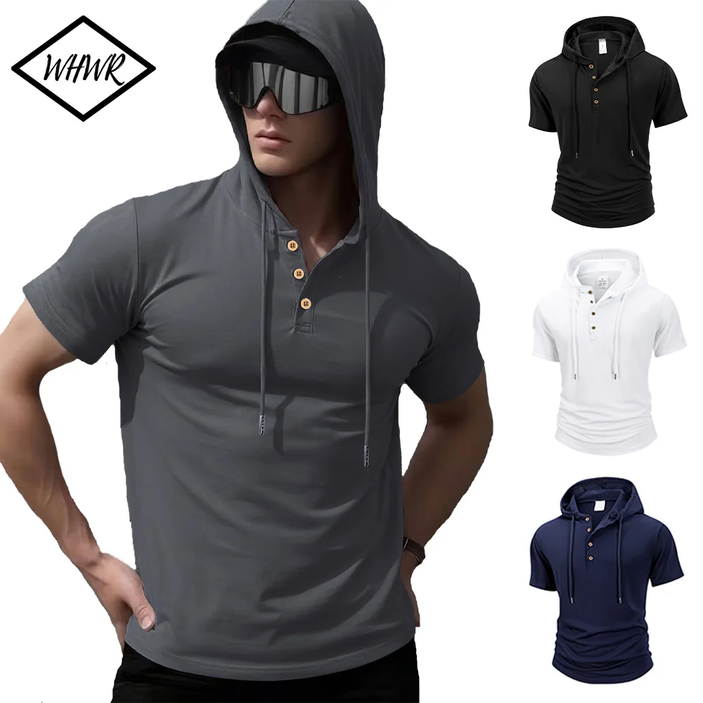 Herren Kapuzen-T-Shirt Sommer Lässiges Kapuzen-Kurzarmshirt Einfarbiges Fitness-Training Atmungsaktives Sport-T-Shirt Oberteil