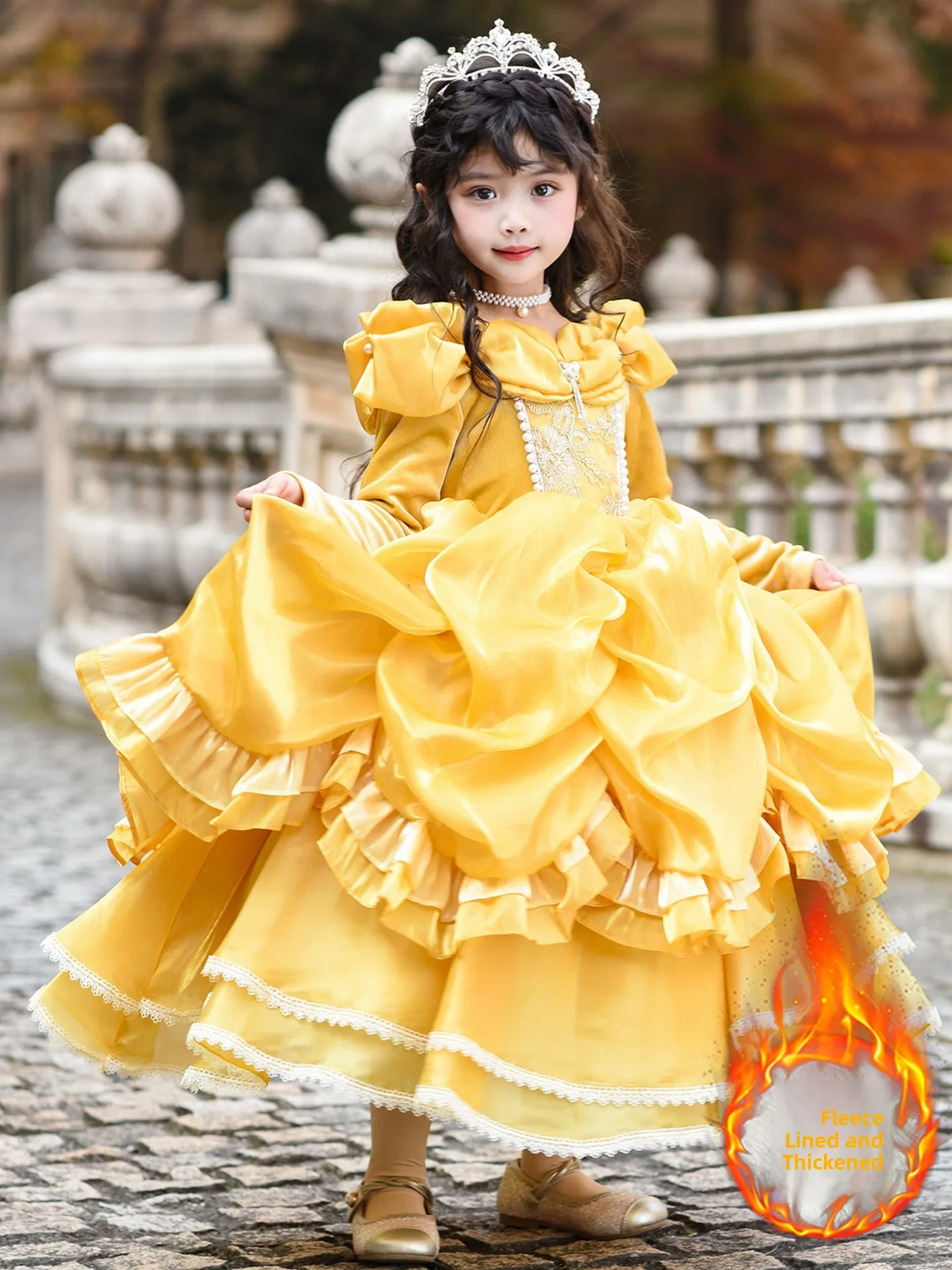 

Princ Sle Yellow Bell Princ Skirt Girls Ele Performance Costume Long Sve Puffy Dr Thiened Ball Gown