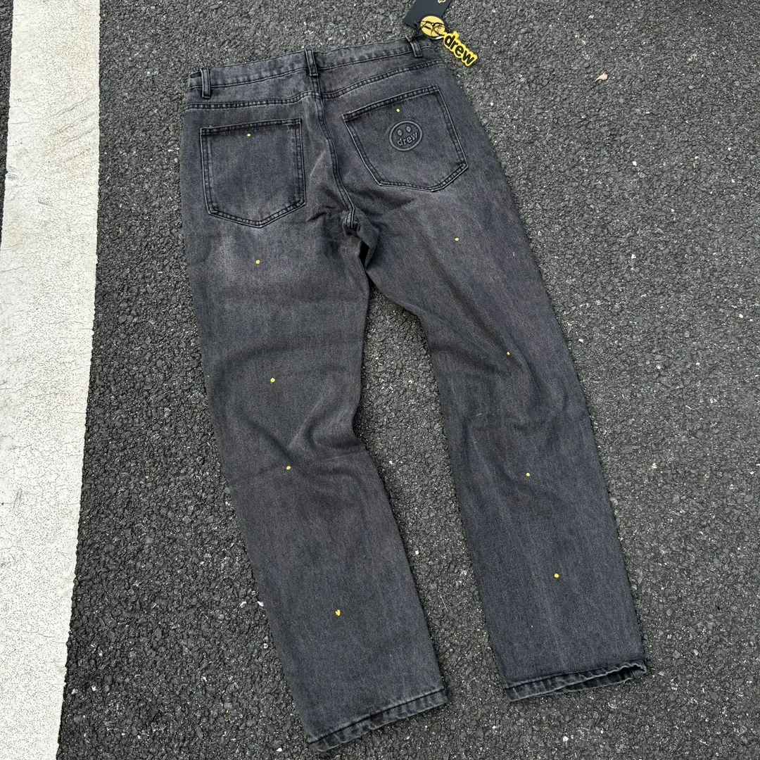 Drew House's Similar-to-Bieber-Style Smiling High-Waist Distressed Custom Water-Washed Denim Pants with Ink-Blending Design