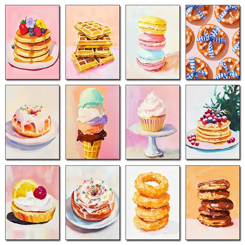Retro Oil Painting Dessert Food Fruit Soufflé Ice Cream Donut Poster Canvas Prints Art Home Room Dessert Shop Wall Decoration