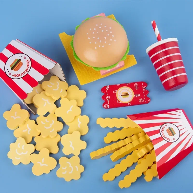 Kids Kitchen Cooking game Pretend Play toy Simulation Wooden Hamburger French fries Coke Fast Food Sets Burger Set kids gift