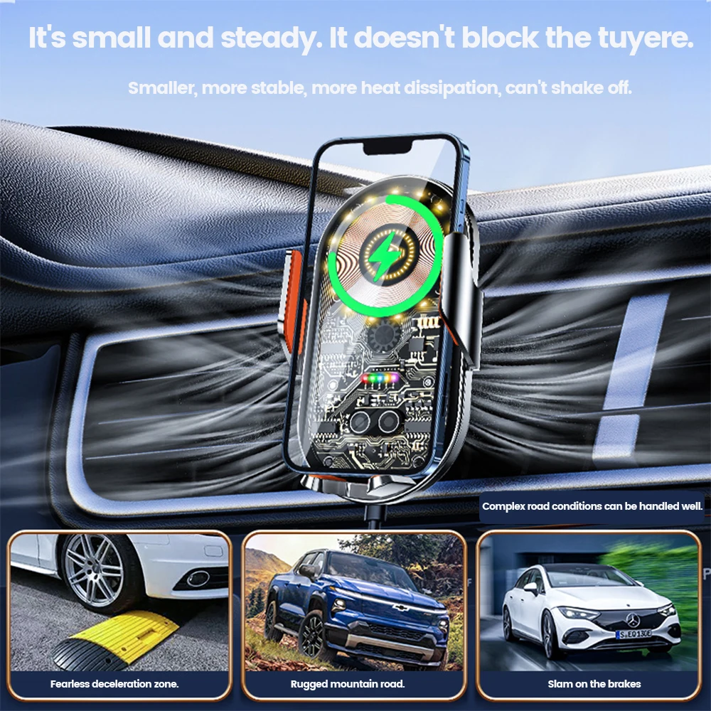 Advanced transparent design in car wireless charging bracket with ambient light and electric opening and closing