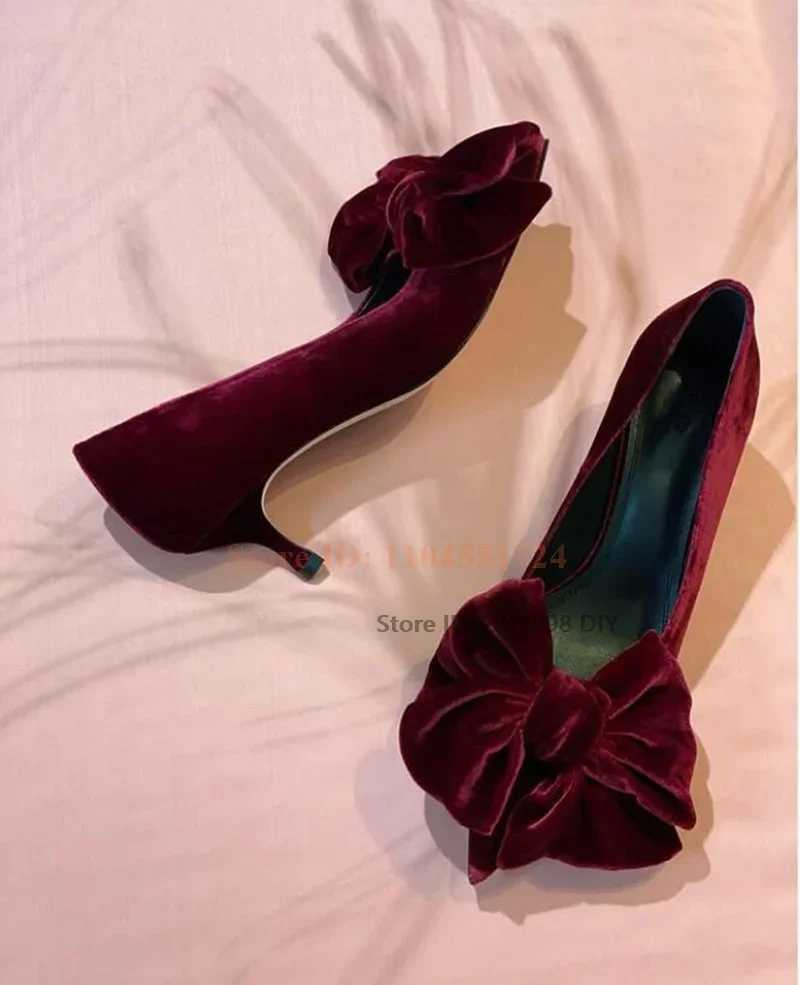 

Burgundy 5Cm Low Heeled Velvet Slip On Pumps Women Thin Heeled Pointed Toe Butterfly Bowtie Knot Fashion Daily Shoes
