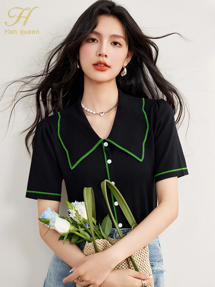 H Han Queen Summer Clothing Basic T-Shirts Women Elegant Knitting Vintage Work Casual Tops Korean Short Sleeve Tees Loose Blouse