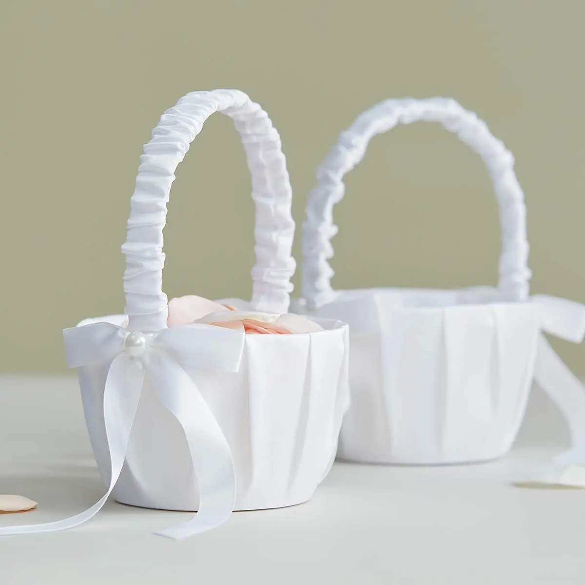 20 CM White Flower Girls Basket Silk Wedding Basket for Flower Bride/Kids Hand Held Wedding Ceremony Party Decorations