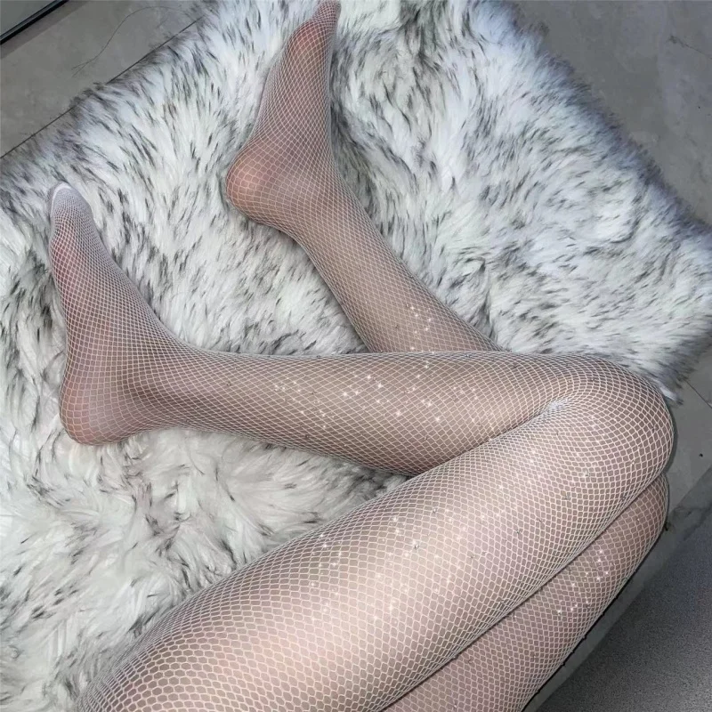 Sexy Diamond-studded Shiny Fishnet Stockings Woman Black Tights JK Club Internet Celebrity Pantyhose Y2K Trendy Thin Medias