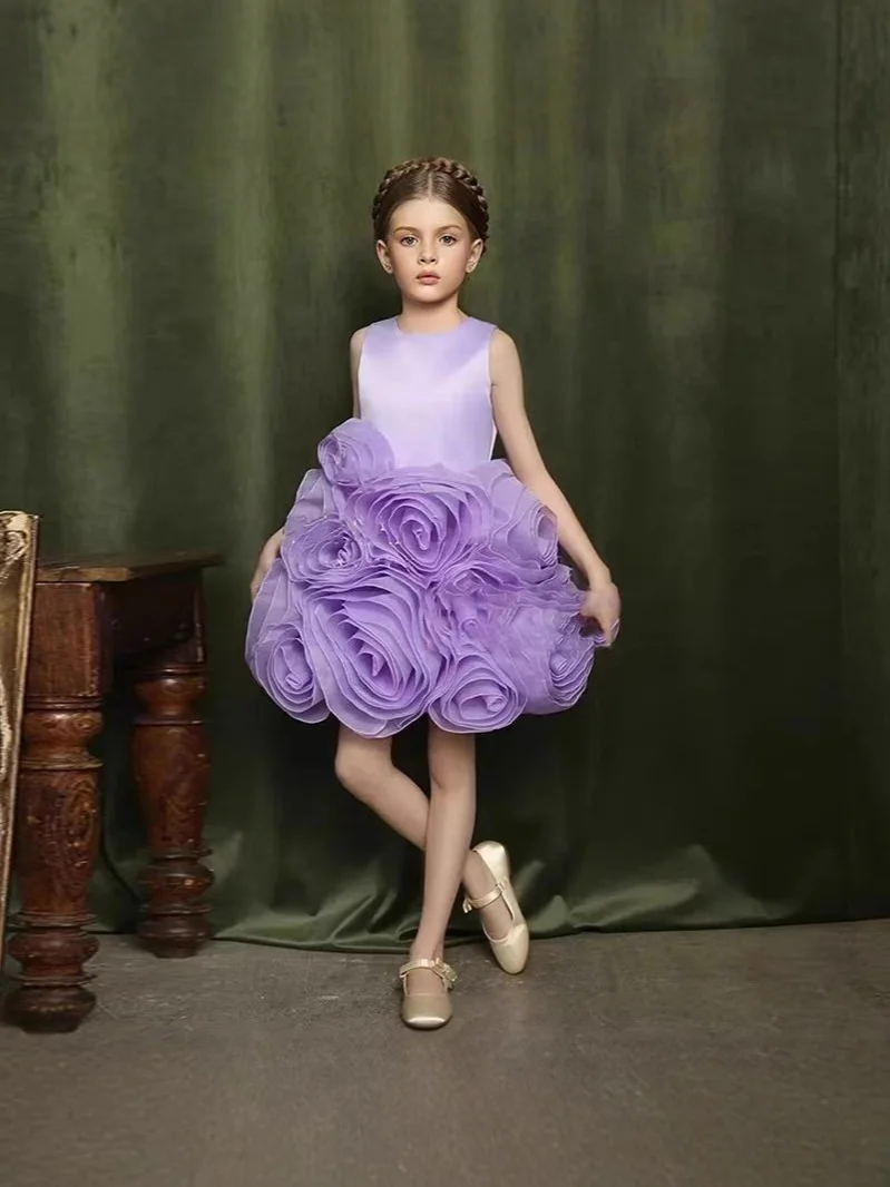 Custom Purple 3D Floral Flower Girl Dress First Christmas Dress Wedding Party Gown for Girls فساتين اطفال سهرة ب