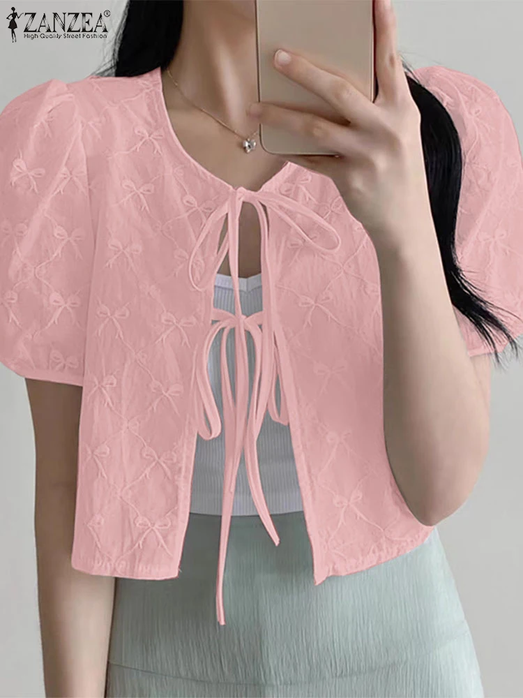 

ZANZEA Summer Elegant Cardigan Tops Tie-Front Woman Short Puff Sleeve Shirts Women Bow-Embroidery O-Neck Vacation Casual Tops