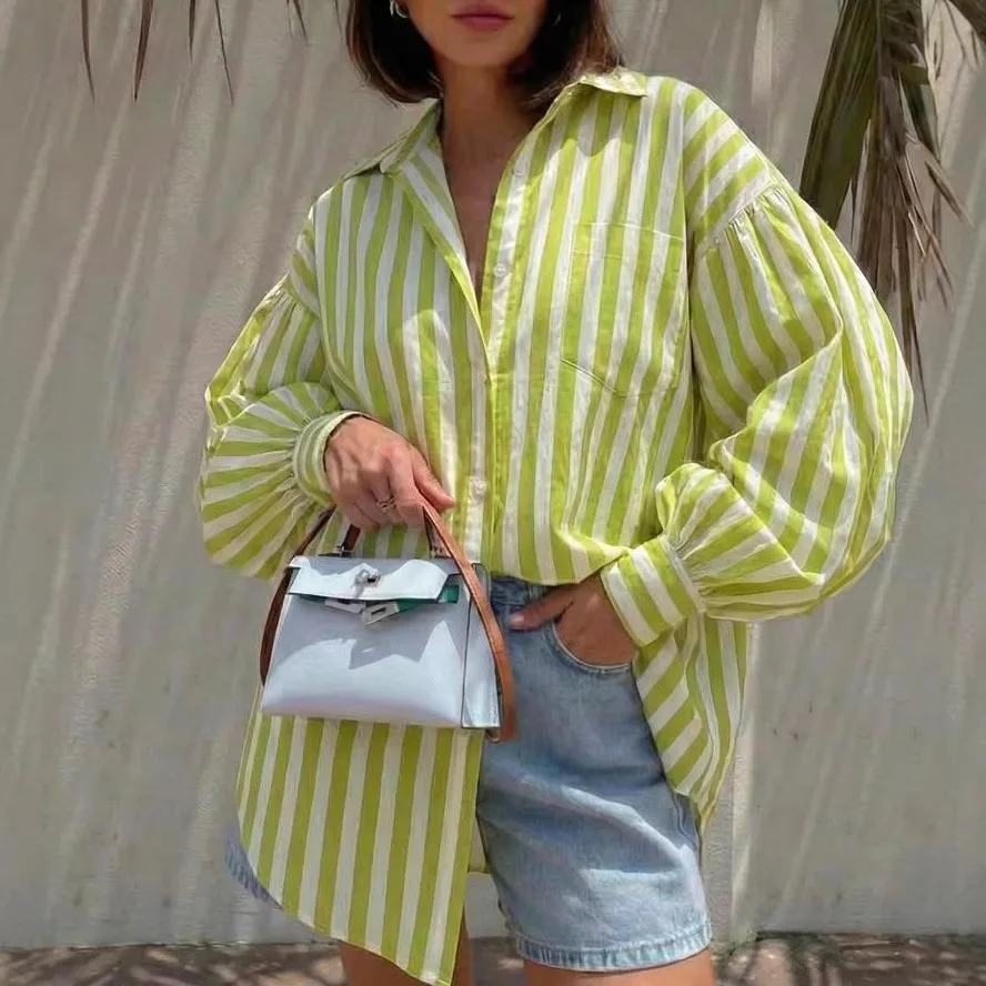 

Beach Vacation Striped Lamp Shirt Women Loose Midi Length Sun Protection Lazy Style Top Long Sleeve round Neck Lantern Sleeve