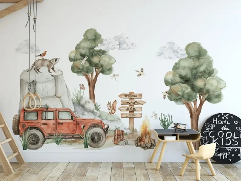 Wall stickers for a boy's room, jeep, off-road car, trees, forest, animals, XL wall decal nursery room