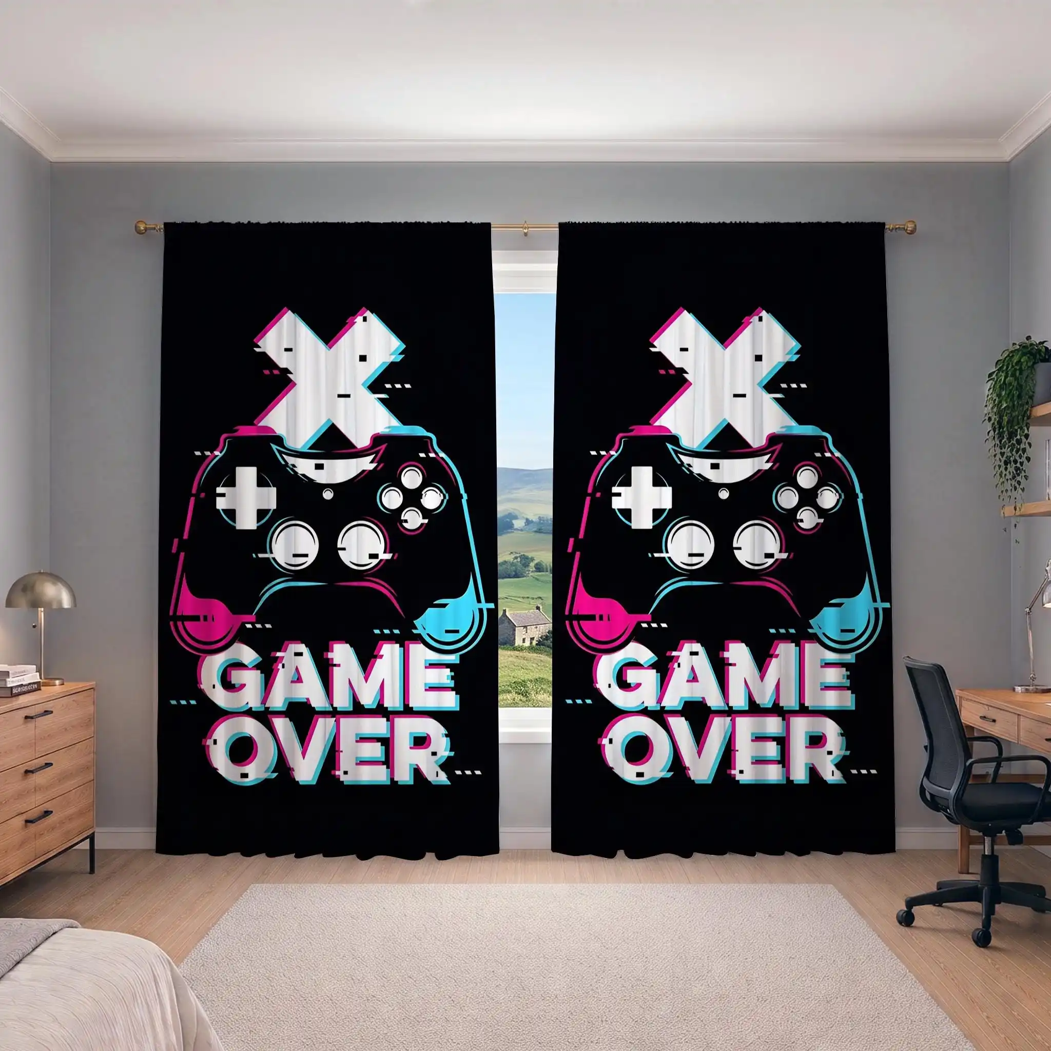 Funny Game Over Controller Curtains for Man Cave Gaming Room Decor Black Background