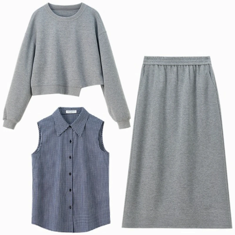 SENTUBILA الخريف المرأة تنورة مجموعة 2025 جديد تخفيف س الرقبة البلوز منقوشة قميص بدون أكمام محبوك ميدي تنورة الإناث 153ZA2481