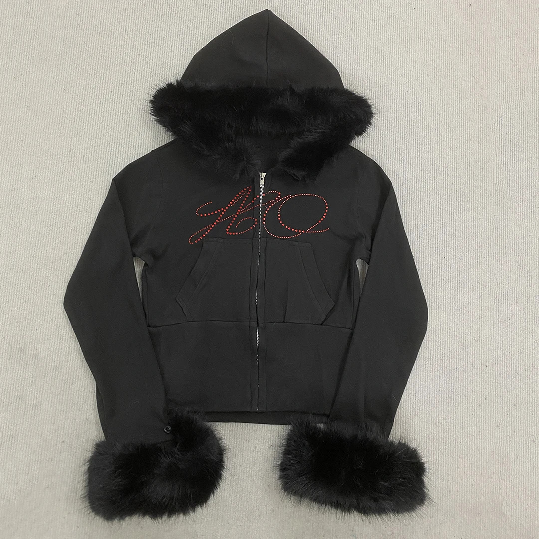 Women's Y2K Zip Up Hoodie Black Faux Fur Trim Hood & Cuffs Rhinestone Script Letter Cropped Baddie Kangaroo Pocket Sweatshirt