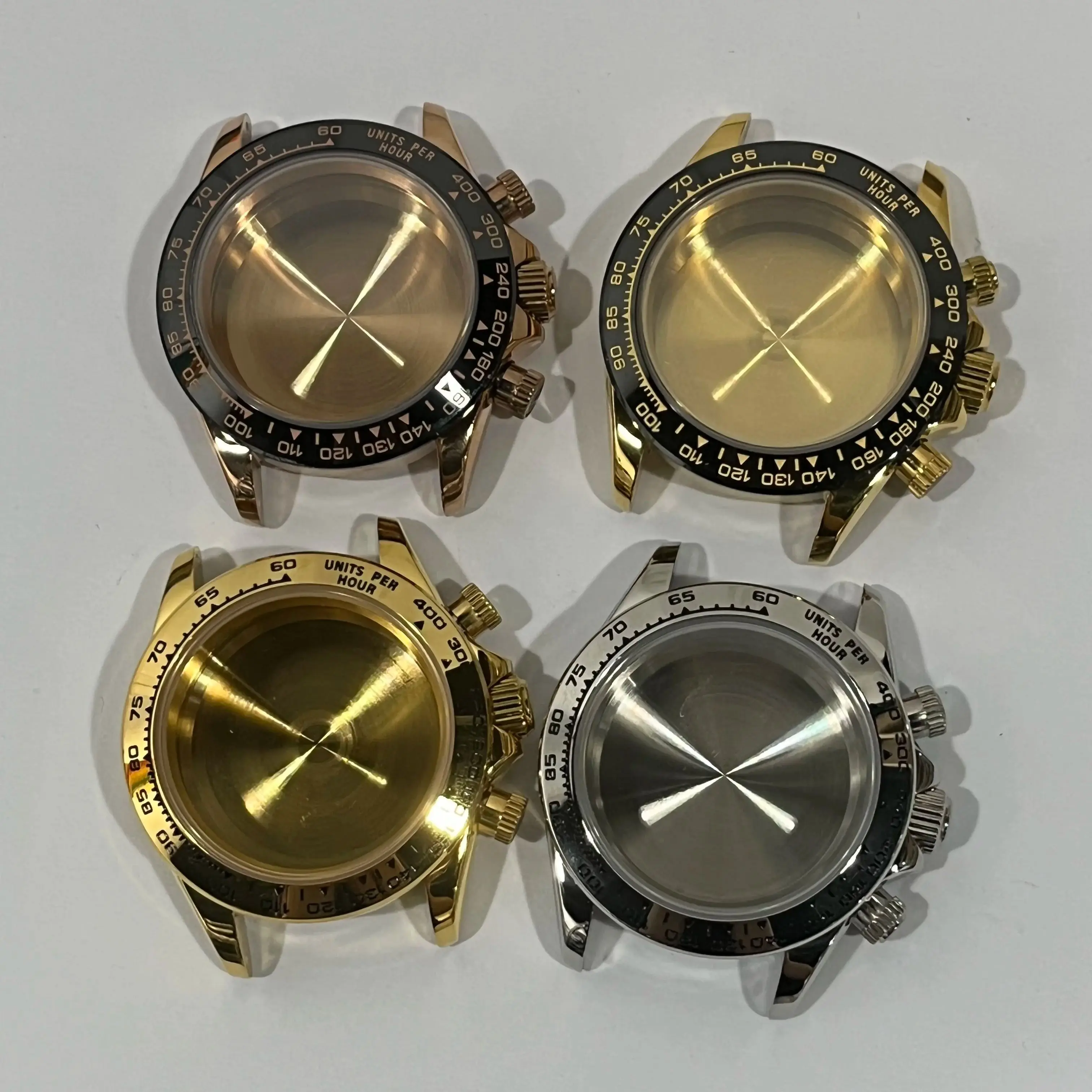 

39mm silver, gold, rose gold stainless steel watch case, sapphire crystal ceramic bezel, compatible with VK63 quartz movement.