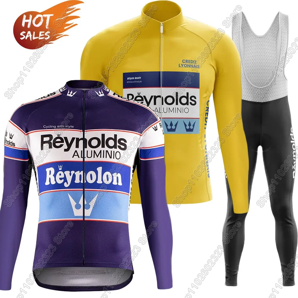 رينولدز فريق الدراجات جيرسي 2025 مجموعة ملابس الرجعية دعوى الشتاء الصيف رجالي كم طويل الدراجة الجبلية الطريق السراويل مريلة Ropa Ciclismo