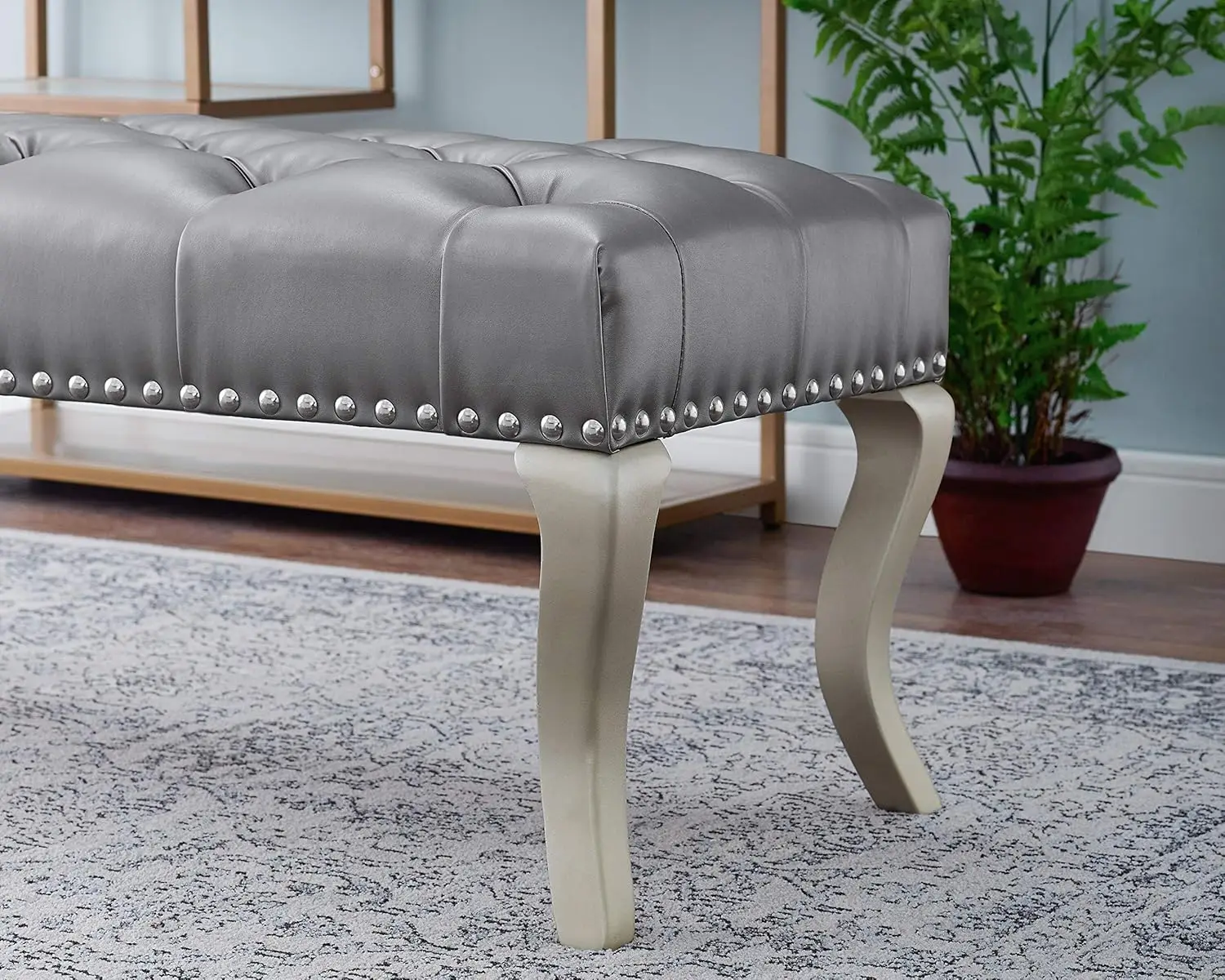 Maxem Tufted Faux Leather Upholstered Seat with Nailhead Trim Bench, Champagne