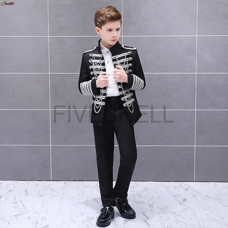 Kids Christmas Party Costume Military Tassel Chains Jacket Steampunk Prince Coat Pop Stage Dacing Cosplay Costume Officer New