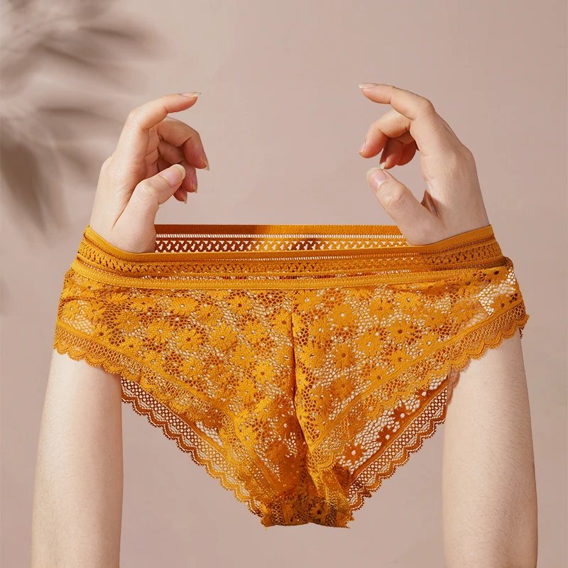 Women's Sexy Daisy Lace Underwear Comfortable Seamless Hollow Out Transparent Mid Waist Panties Pure Cotton Crotch Briefs