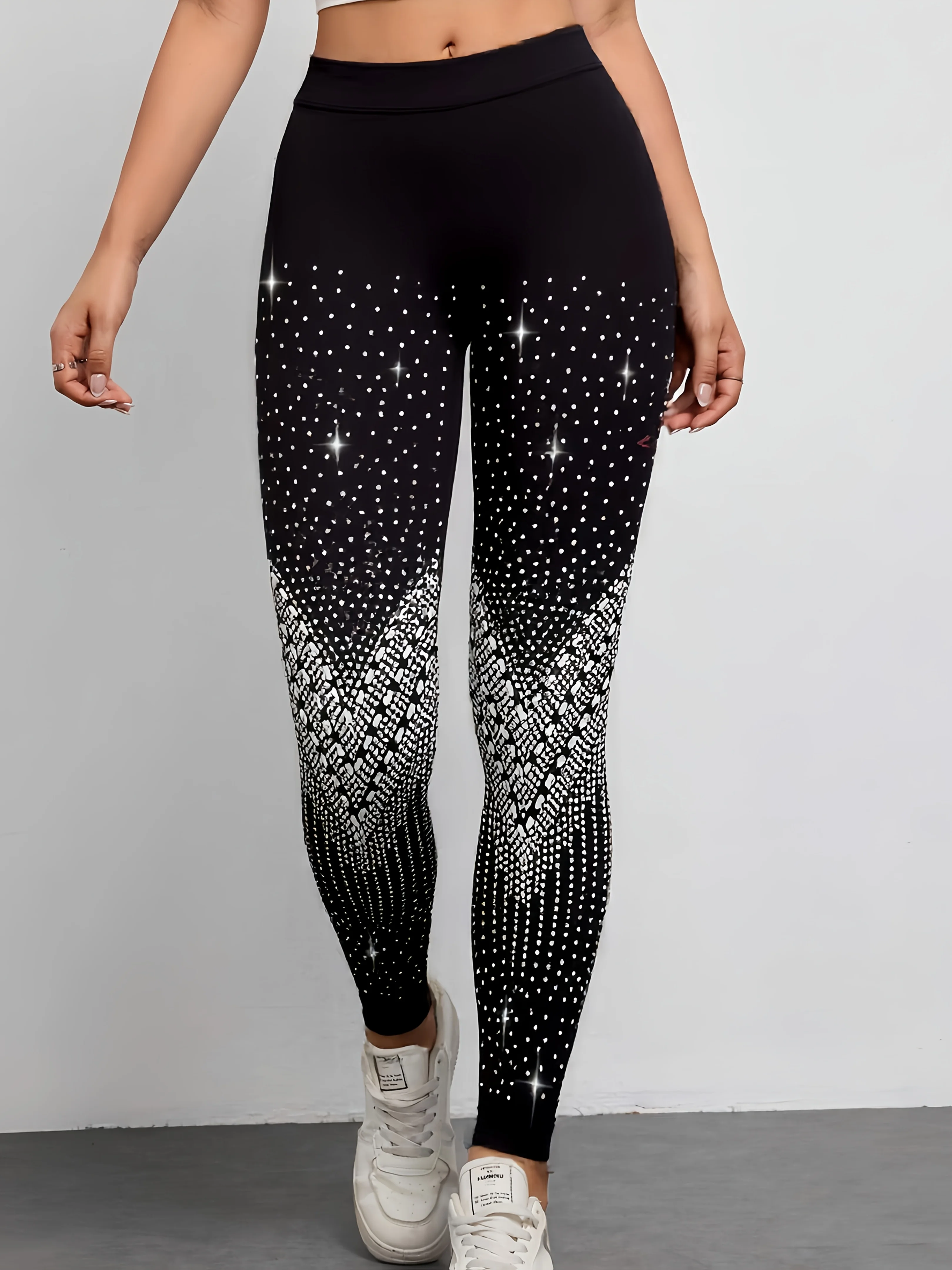 Women Mid‑Rise Fleece Lined Leggings Gradient Rhinestone Print Slim Stretchy Warm Party Casual Pants