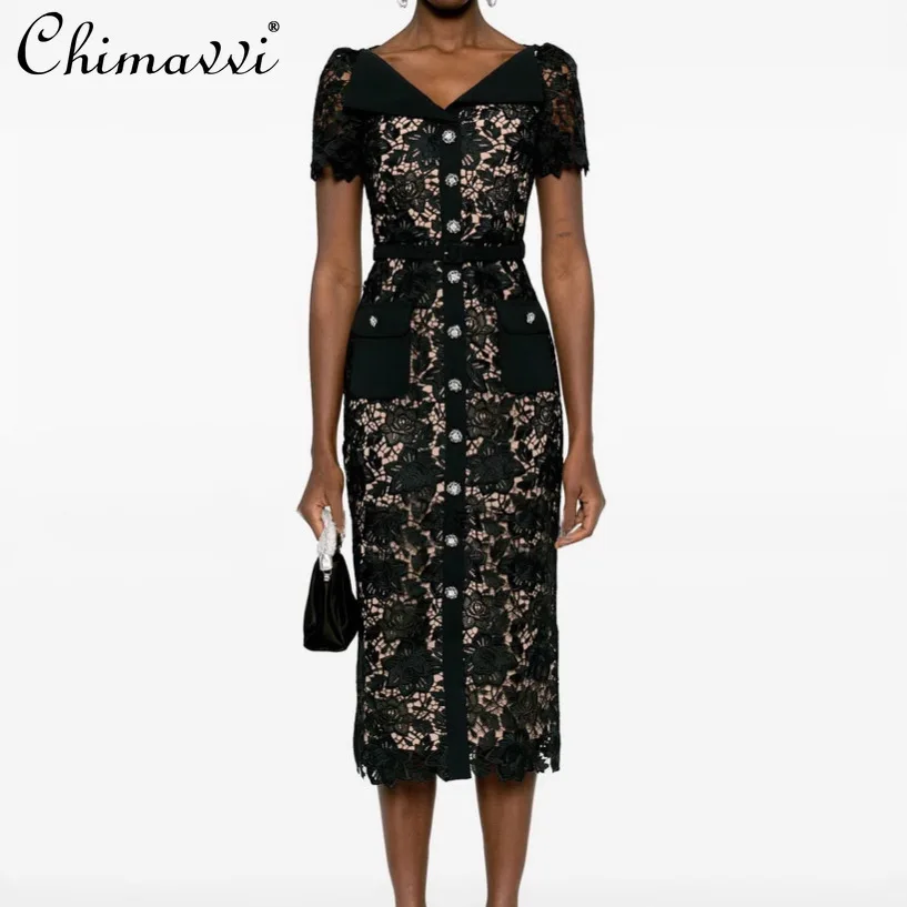 

French Elegant Celebrity Lace Dress V-Neck Short Sleeve Single-Breasted High Waist Belt Slim Hip-wrapped Long Party Dress Women