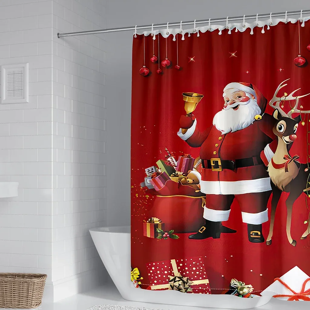 Happy New Year Merry Christmas Red Santa Trees kids Cute Shower Curtain Set for Bathroom Bath Waterproof Fabric with 12 Hooks