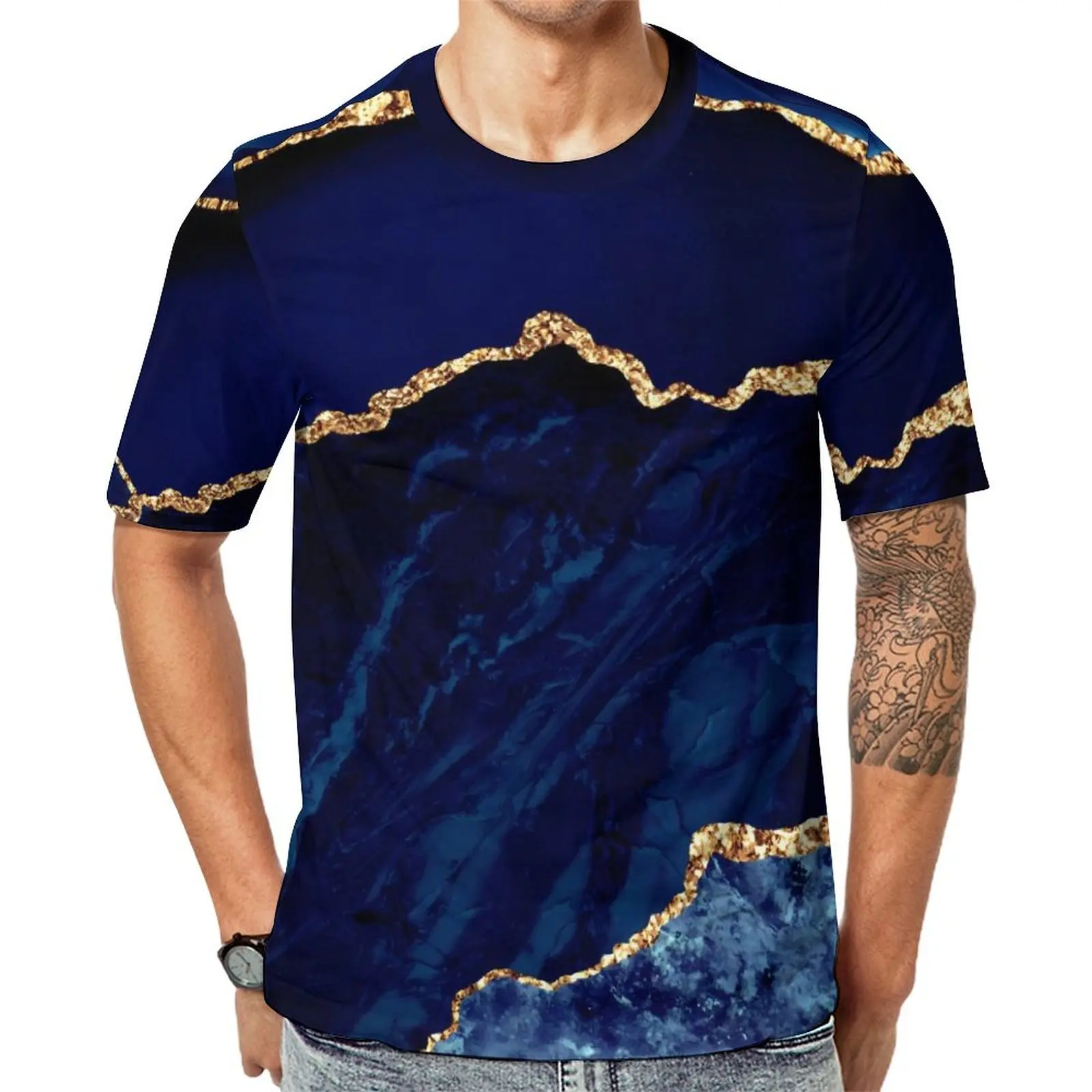 Oversized T-Shirt Premium Marble Print T-Shirts Navy Blue Gold Classic Crewneck Tee Shirt Male Novelty Graphic Tops