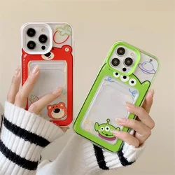 Cute Cartoon Disney Lotso Alien Card Holder Clear Phone Case For iPhone 15 14 13 12 11 Pro Max XS X 8 7 Plus Pocket Back Cover