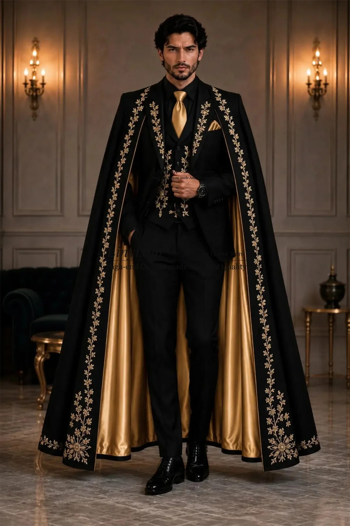 Luxury Embroidered Lace Men Suits Customized Long Coat Pants Design Groom Male Blazers 3 Piece Sets Wedding Tuxedos ropa hombre