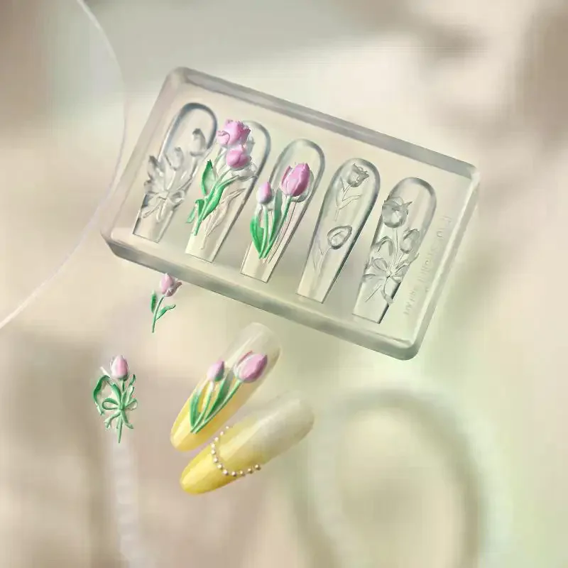 1Pcs High Transparent 3D Nail Art Carving Mold With Box Butterfly Tulip Lily Flower Template For Nail Decoration