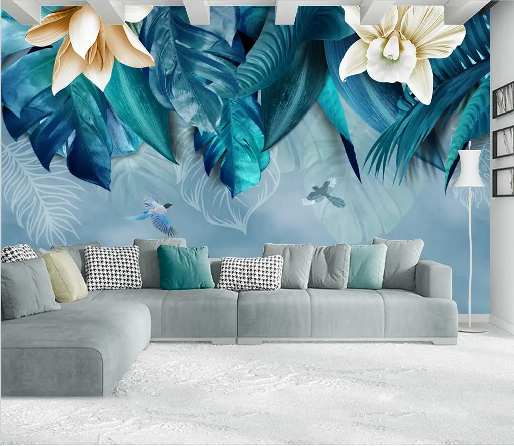 

custom wallpaper Hand drawn tropical plants TV background wall living room silk cloth 3d wallpaper papel de parede