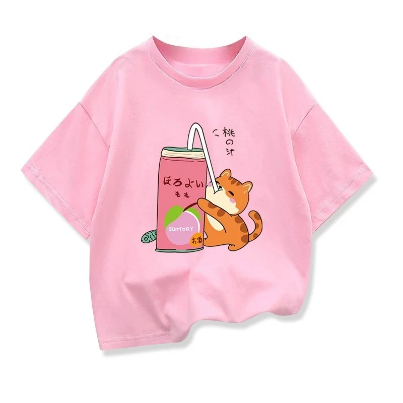 Cute Cat Drinking Milk Tea Casual Clothes Tops Harajuku Funny Cartoon Short Sleeve T-shirt Boys Girls Summer New Cute Tee Tops