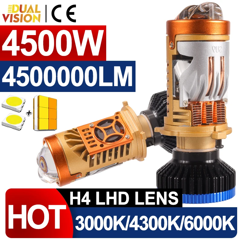 

4500W H4 Bi LED Projector Lens Car Headlight Bulbs 3000K 4300K 6000K Auto Headlamps High&Low Beam H4 Led Car Motor Lamps 12V 24V
