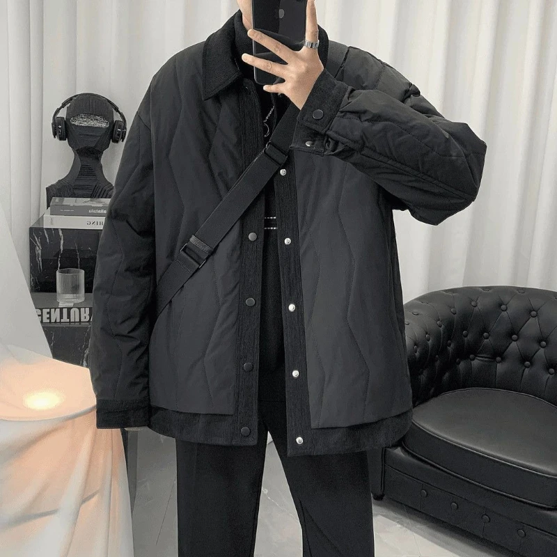 Men's Winter Corduroy Patchwork Cotton Jacket Thick Warm Lapel Fake Two Piece Loose Fashion Coat Outerwear