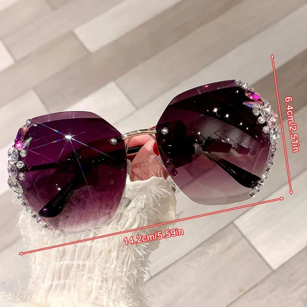 Okulary przeciwsłoneczne bez oprawek z ochroną UV, zdobione cyrkoniami, modne, z gradientowymi szkłami, idealne na plażę, podróże i streetwear, błyszczące, z wykrojonymi szkłami, bezramkowe.