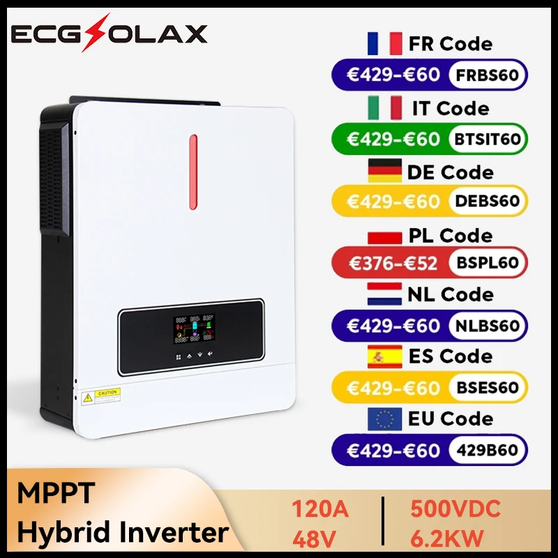 

ECGSOLAX 6,2 кВт гибридный солнечный инвертор MPPT Off-Grid 500 В постоянного тока 48 В 230 В переменного тока 120 А контроллер заряда фотоэлектрическая мощность