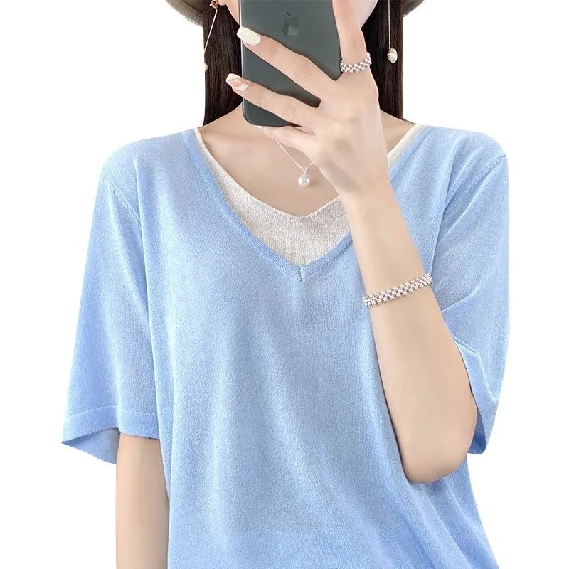 アイスシルクニット オルト スヴェ ティート 女性用 夏 ルーズ カジュアル Vネック リネン スヴェ ベース イート スリミングトップ