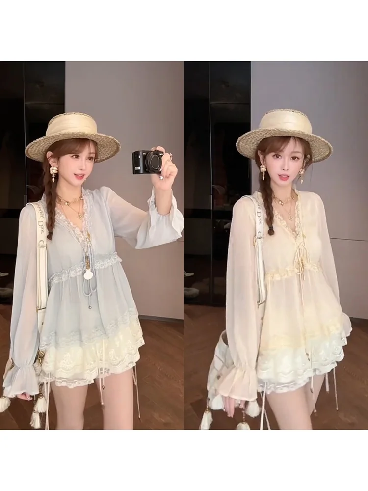 

Mimius French Style Lace Trim Mesh Shirt Women Summer Semi-Transparent Doll Shirt Drawstring Top Breathable Ultra-Thin Long S...